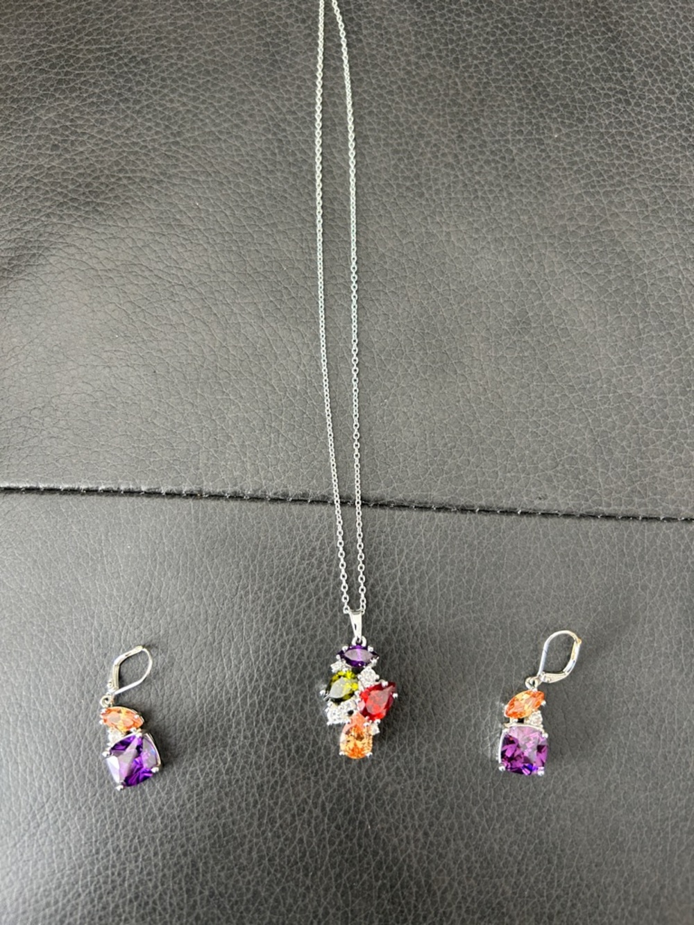 Multi-Gem Silver Necklace and Earring Set - Purple, Orange, Green